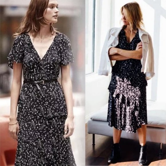 Joie Orita Midi Dress Size 2 Caviar Black White Floral Asymmetric Ruffles $348 - Picture 4 of 16